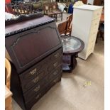 A reproduction mahogany bureau together with a glass topped coffee table and a Lady's dressing