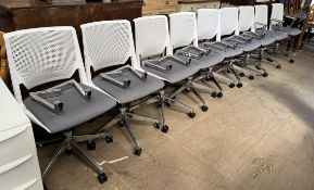 A set of nine Haworth Very office chairs with removable arm rests with grey seats and chrome bases