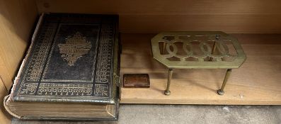 A leather bound bible together with a brass trivet and a burr walnut snuff box