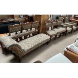 An Edwardian nine piece salon suite comprising a chaise longue,