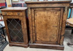A Victorian burr walnut side cabinet together with a Victorian burr walnut music cabinet and a