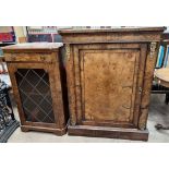A Victorian burr walnut side cabinet together with a Victorian burr walnut music cabinet and a