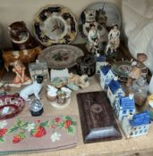 Staffordshire figures together with pottery pugs, delft spirit flasks, Royal Crown Derby plates,