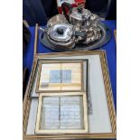 An electroplated four piece teaset together with an electroplated tray, other electroplate,