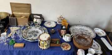 A blue and white pottery meat plate together with a Delft plate, finger plates, drinking glasses,