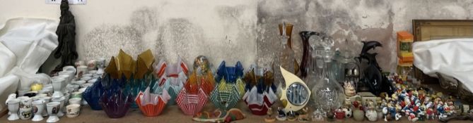 Glass handkerchief vases together with egg cup holders, glass decanters, Poole pottery dolphins,