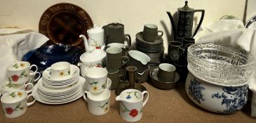 A Denby part tea set chevron design together with a totem part tea set, crystal, Wedgwood,
