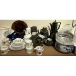 A Denby part tea set chevron design together with a totem part tea set, crystal, Wedgwood,