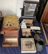 Scrap books together with a toilet mirror, weights, brass clock,