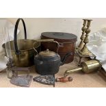 A brass spit jack together with brass candlesticks, trivets, hat box, cooking pot,