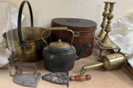 A brass spit jack together with brass candlesticks, trivets, hat box, cooking pot,