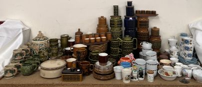 A Hornsea Saffron pattern part dinner set and storage jars together with Hornsea Heirloom pottery,