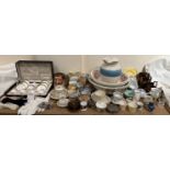 A Mintons cased part coffee set together with assorted Belleek porcelain, copper lustre jugs,