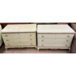 A pair of green painted chests of drawers each with three drawers on cabriole legs each