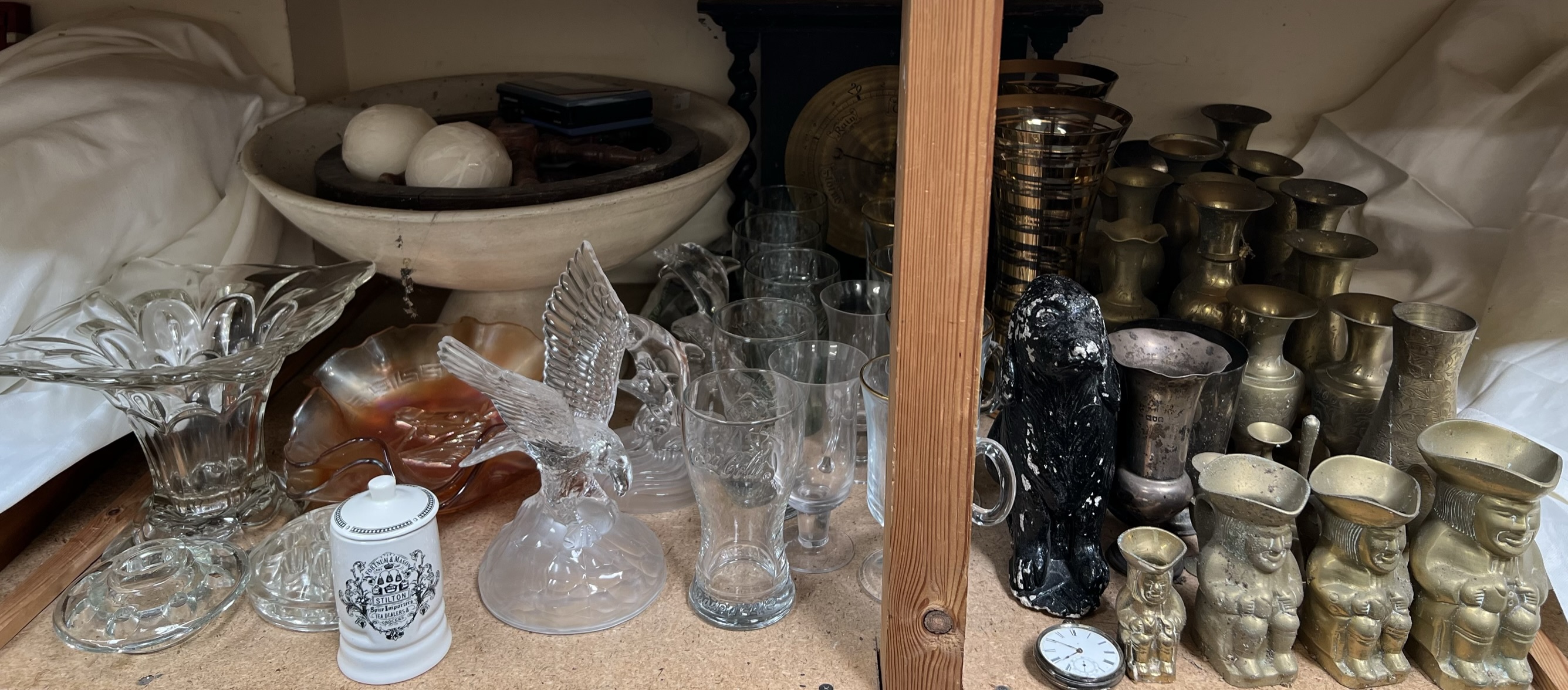 Brass vases together with glass vases, barometer, pocket watch, drinking glasses, carnival glass,