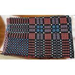 A Welsh blanket with a black ground and geometric patterns