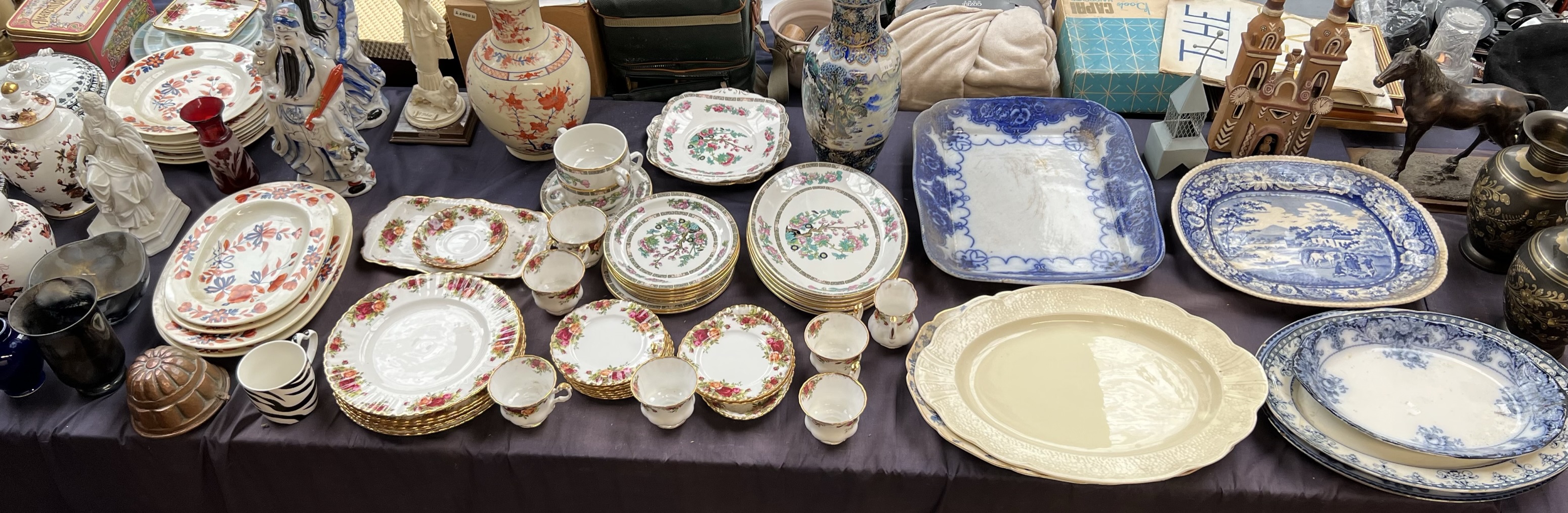 A Royal Albert Old Country Roses pattern part dinner set together with meat plates and other part
