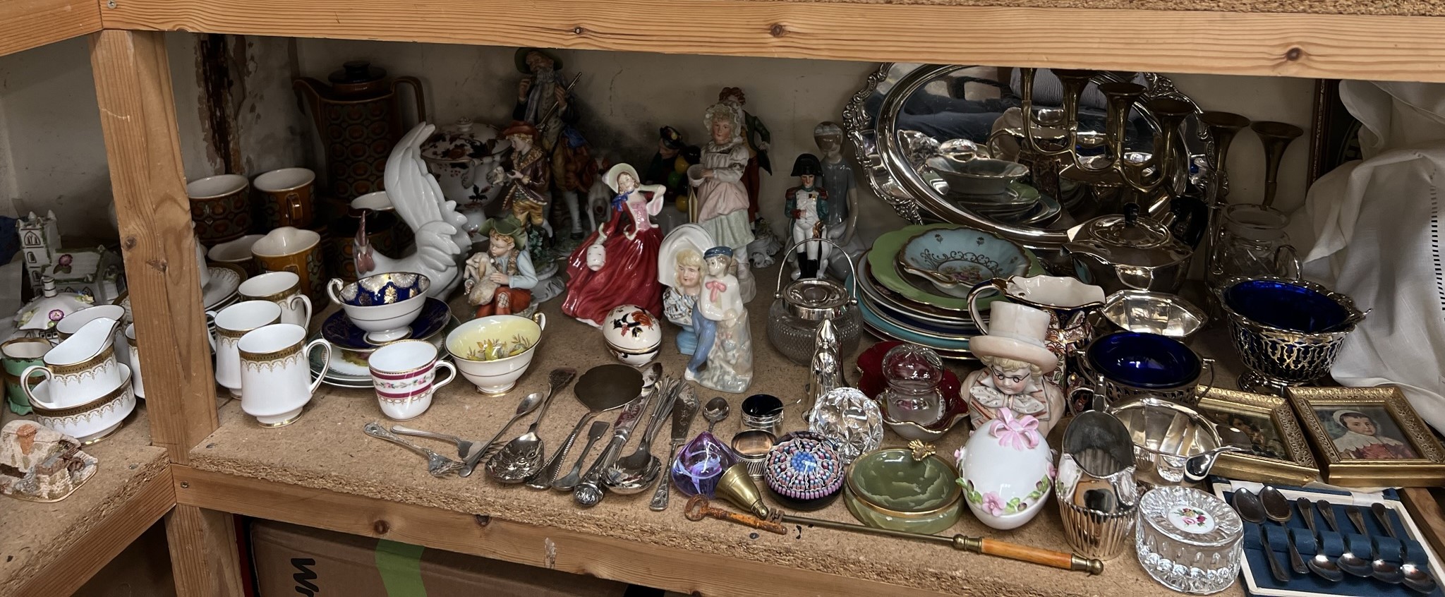 Assorted Royal Doulton figures, together with other continental figures, part tea sets,