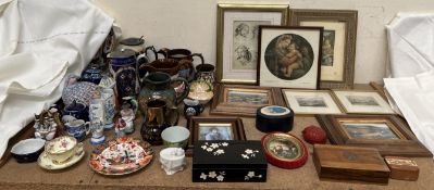 Copper lustre jugs together with pottery hot water jugs, Welsh ladies, cabinet cup and saucer,