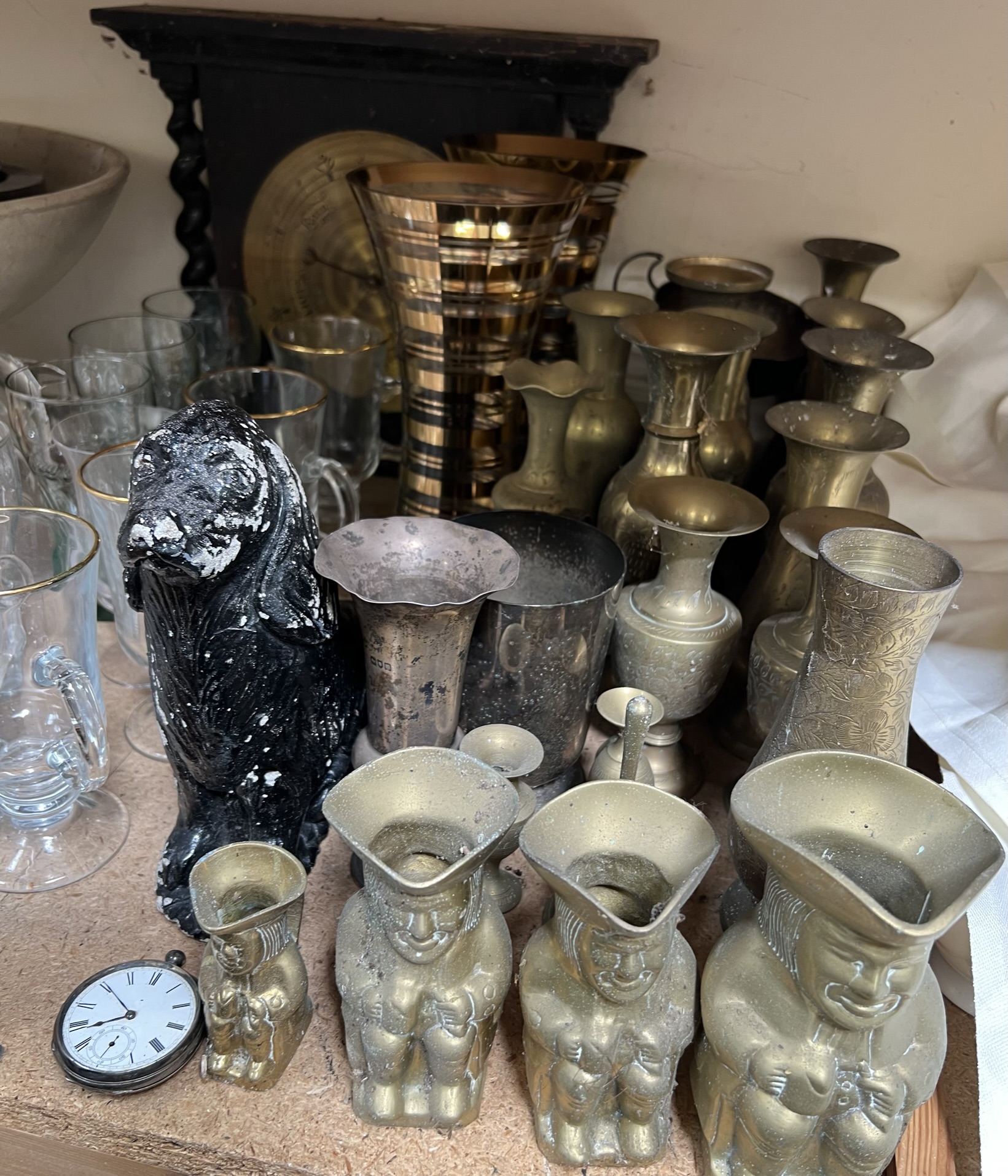 Brass vases together with glass vases, barometer, pocket watch, drinking glasses, carnival glass, - Image 2 of 4