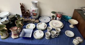 Studio pottery cottages together with various pottery jugs, part dinner set,