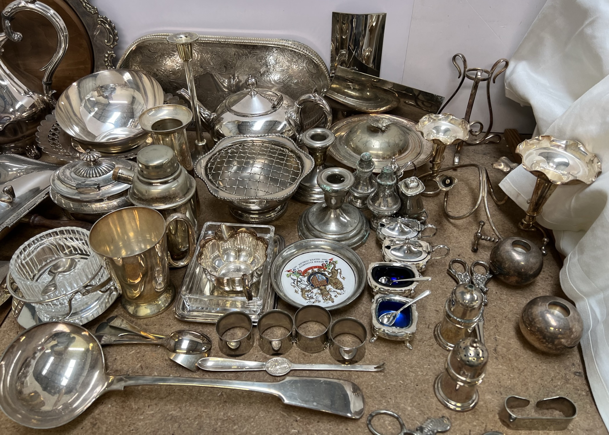 A large assortment of electroplated wares including an epergne, sugar box and cover, cruets, - Image 2 of 3