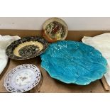 A large Mintons majolica turquoise leaf moulded charger together with a Royal Doulton plate,
