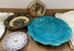 A large Mintons majolica turquoise leaf moulded charger together with a Royal Doulton plate,