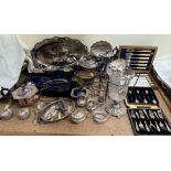 A cased set of six silver coffee bean ended tea spoons together with cased electroplated flatwares,