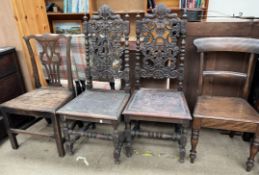 A pair of carved oak dining chairs with leather seats on turned legs together with two 18th century