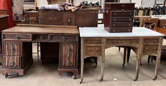 A 20th century oak dressing table together with a marble topped washstand and a music cabinet