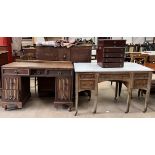 A 20th century oak dressing table together with a marble topped washstand and a music cabinet