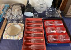 A Midwinter Brama pattern fruit bowl together with Cristal drinking glasses, glass bowls, telephone,