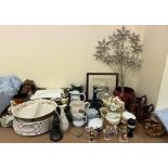 A Royal Albert bone china part tea set together with Hummel figures, copper lustre jugs, linen,