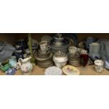 Pottery jugs together with Indian Tree pattern part tea and dinner set, blue and white meat plates,