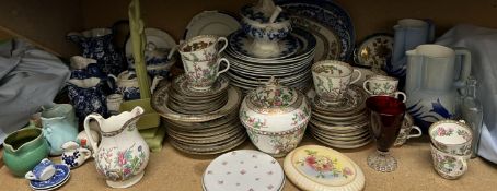 Pottery jugs together with Indian Tree pattern part tea and dinner set, blue and white meat plates,