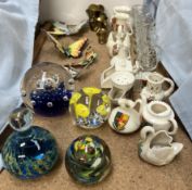 Glass paperweights, together with crested wares, butterflies,