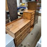 A walnut tallboy together with a pair of pine bedside cabinets and a pine chest of drawers