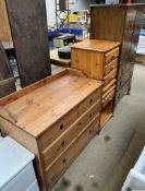 A walnut tallboy together with a pair of pine bedside cabinets and a pine chest of drawers