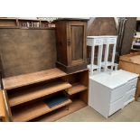 A pot cupboard together with a bookcase, white painted bedside cabinet, white bookcase,