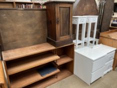 A pot cupboard together with a bookcase, white painted bedside cabinet, white bookcase,