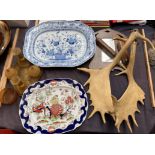 A pair of Moose antlers together with a large Dresden pattern meat plate, another meat plate,