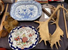 A pair of Moose antlers together with a large Dresden pattern meat plate, another meat plate,