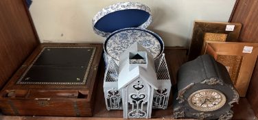 A Victorian walnut lap top desk together with photograph frames, boxes,