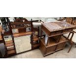 An oak marble topped bedside cabinet together with a fruitwood example and an Edwardian overmantle