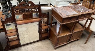 An oak marble topped bedside cabinet together with a fruitwood example and an Edwardian overmantle