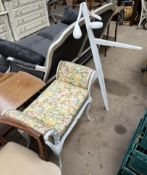 A mid 20th century white painted suit rack with pin tray together with a white painted upholstered