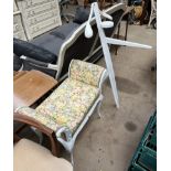 A mid 20th century white painted suit rack with pin tray together with a white painted upholstered