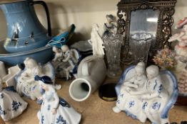 A brass oil lamp together with a pottery jardiniere, figures, photograph frame,