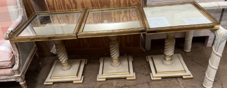 A set of three occasional tables of square form with brass galleried top on square stepped bases